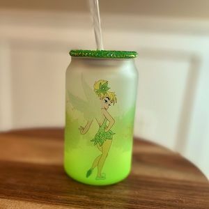 13oz Green Tinkerbell Glass Can With Rhinestone Bamboo Acrylic Painted Lids